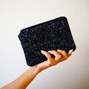 Handcrafted! 🤩 Beautiful Black with Green Flecks Makeup Bag or Evening Clutch
